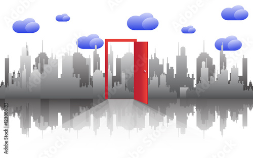 Door with cityscape skyline on cloudy day.Vector EPS 10 Illustration.