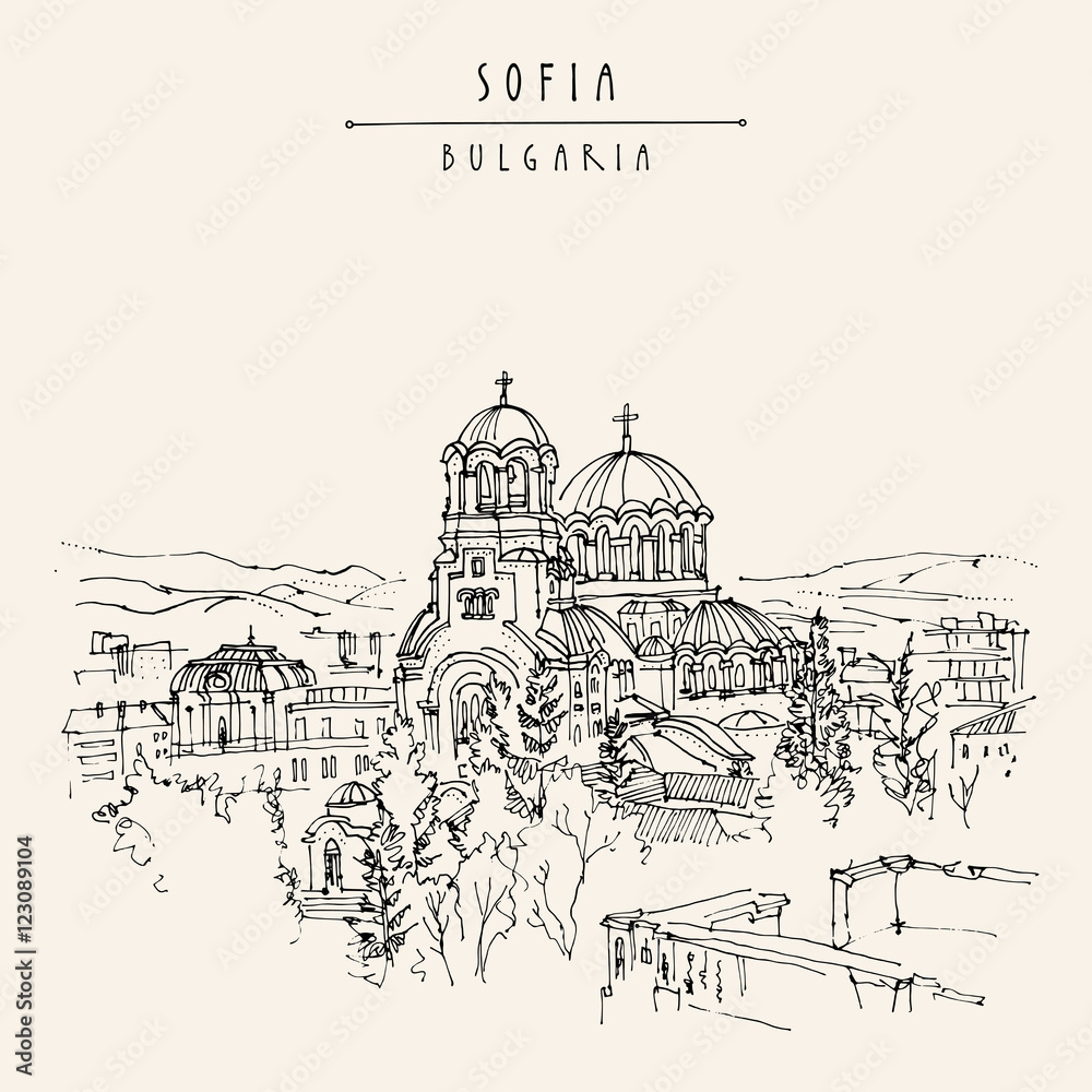 St. Alexander Nevsky Cathedral in Sofia, Bulgaria. Hand drawing in retro style. Travel sketch. Vintage touristic postcard, poster, calendar or book illustration