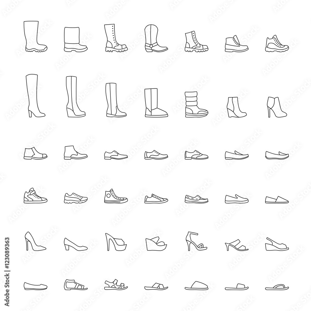 Shoes icons, men and women fashion shoes, line icons set. Vector illustration
