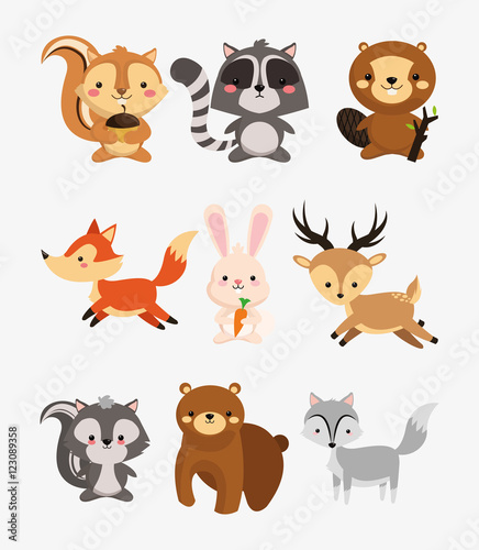 fox rabbit deer squirrel raccoon beaver skunk and bear icons image vector illustration design 