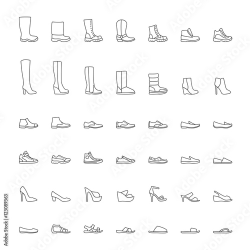 Shoes icons, men and women fashion shoes, line icons set. Vector illustration