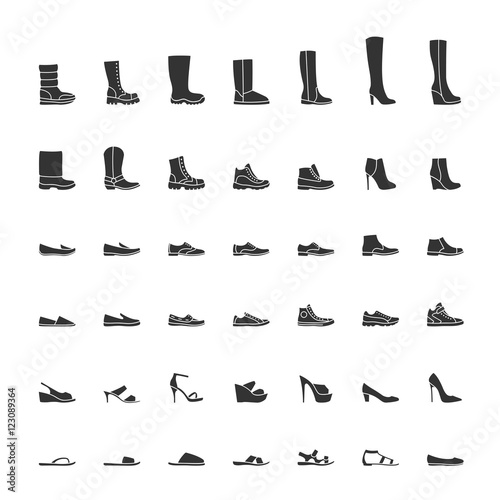 Black shoes icon set, men and women fashion shoes. Vector illustration photo