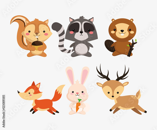 squirrel raccoon beaver fox rabbit and deer icons image vector illustration design  © Jemastock