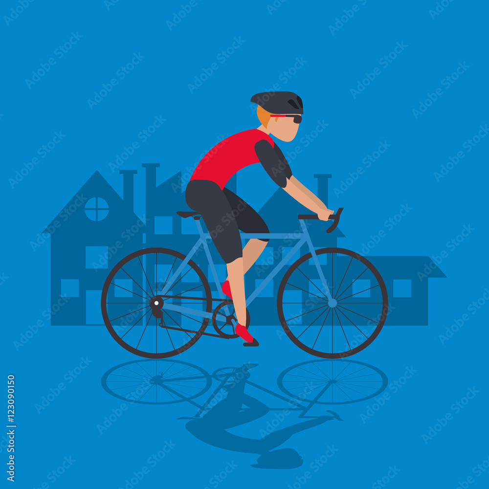 Naklejka premium bike and cyclist over town houses background icons image vector illustration 