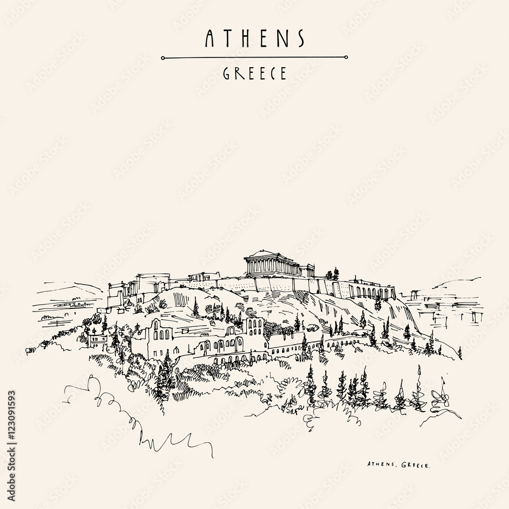 Parthenon temple and the Acropolis hill in Athens, Greece. Hand drawing in retro style. Travel sketch. Vintage touristic postcard, poster, calendar or book illustration Parthenon temple and the Acropolis hill in Athens, Greece. Hand drawing in retro style. Travel sketch. Vintage touristic postcard, poster, calendar or book illustration