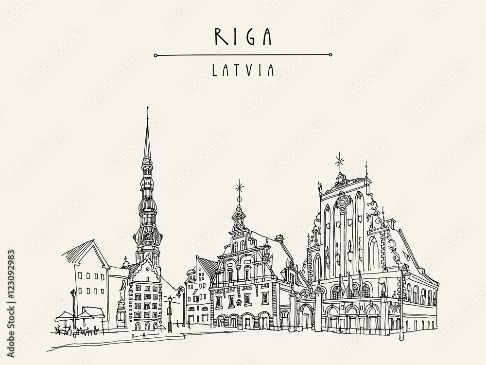 House of the Blackheads, St. Peters Church and statue of Roland in Riga old town, Latvia, Europe. Hand drawn postcard