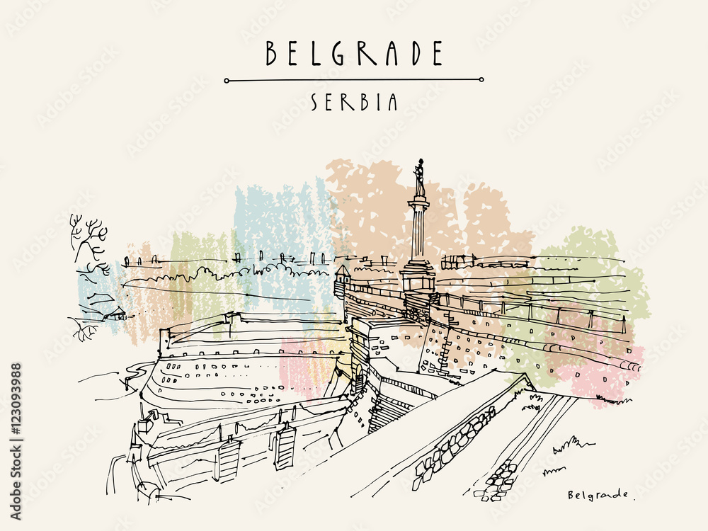 Kalemegdan Fortress and Viktor Monument in Belgrade, Serbia. Hand drawing in retro style. Travel sketch. Vintage touristic postcard, poster, calendar or book illustration