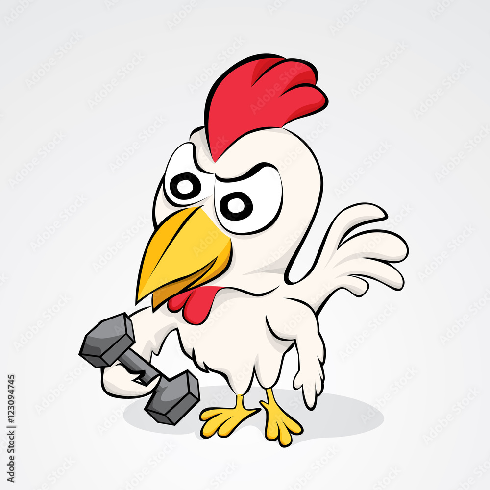 Cartoon chicken taking dumbbell. Vector illustration of funny chicken  cartoon character isolated on white background. Stock Vector | Adobe Stock