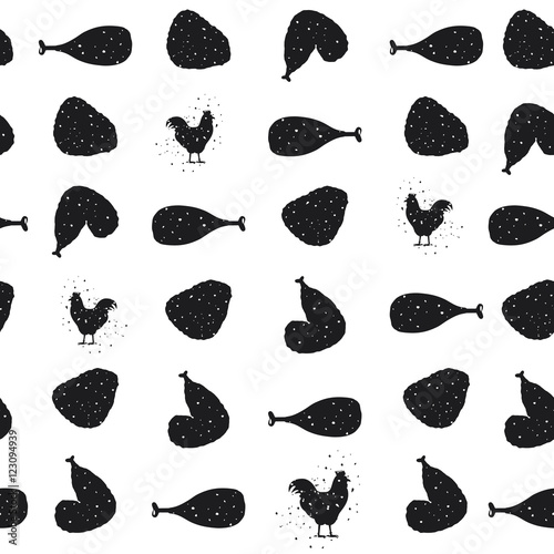 Vector illustration of a seamless pattern with chicken drumsticks and wings isolated on white background.