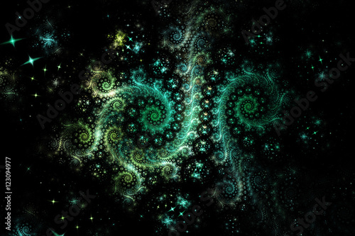 Green galaxy. Abstract fantasy spirals with shining spheres on black background. Creative fractal design in yellow and green colors.