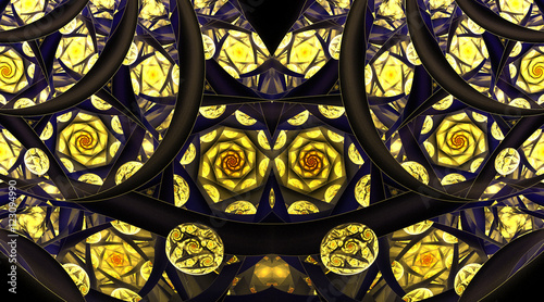 Abstract mosaic ornament with stylized golden roses on black background. Symmetrical pattern. Fantasy fractal design in navy blue  orange and yellow colors.