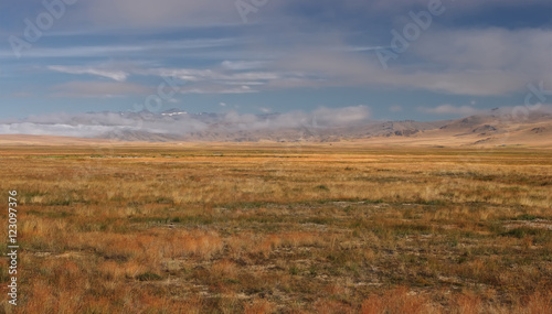 A wide steppe with yellow grass on the Ukok plateau, under a cloudy sky on the background of mountain ranges, Altai mountains, Siberia, Russia