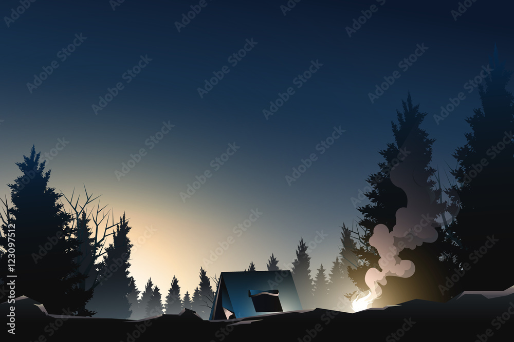 Fototapeta premium camping in pine wood when sunrise