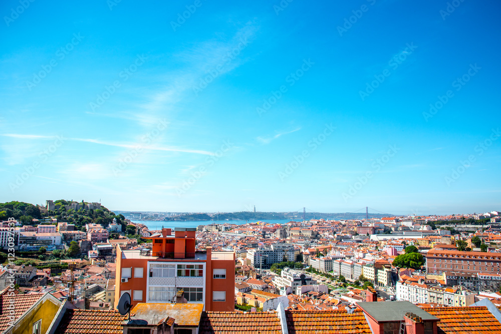 view on travel city Lisbon from top place of castle sao jorge. 