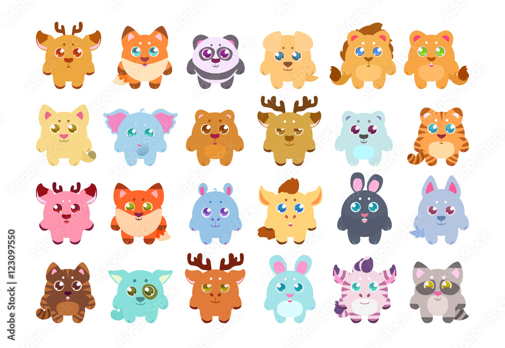 Big stickers, patches collection: cute cartoon baby animals, fauna of the world, icon set isolated on white. Hand drawn colorful Vector illustration.