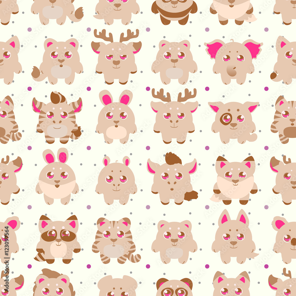 Big stickers, patches collection: cute cartoon baby animals, fauna of the world, icon set isolated on white. Hand drawn colorful Vector illustration, seamless pattern.