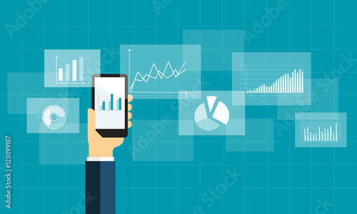 flat business analytics graph on mobile device and  finance investment planning background 
