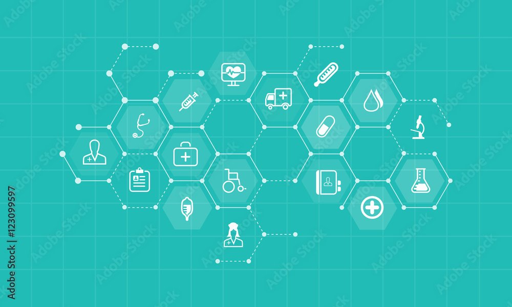 vector  medical and health icons and business network background  concept
