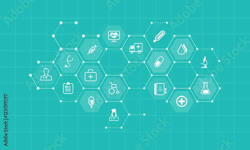 vector  medical and health icons and business network background  concept
