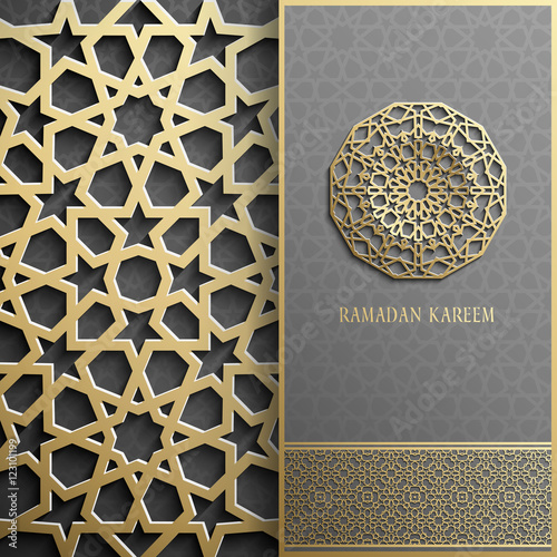 Ramadan Kareem greeting card,invitation islamic style.Arabic circle golden pattern.Gold ornament on black, brochure