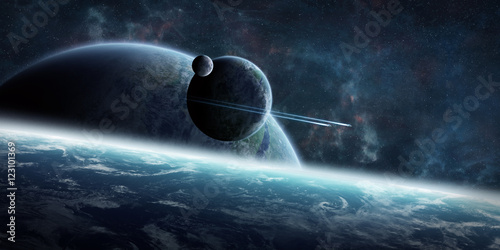 Fototapeta Naklejka Na Ścianę i Meble -  Sunrise over distant planet system in space 3D rendering element