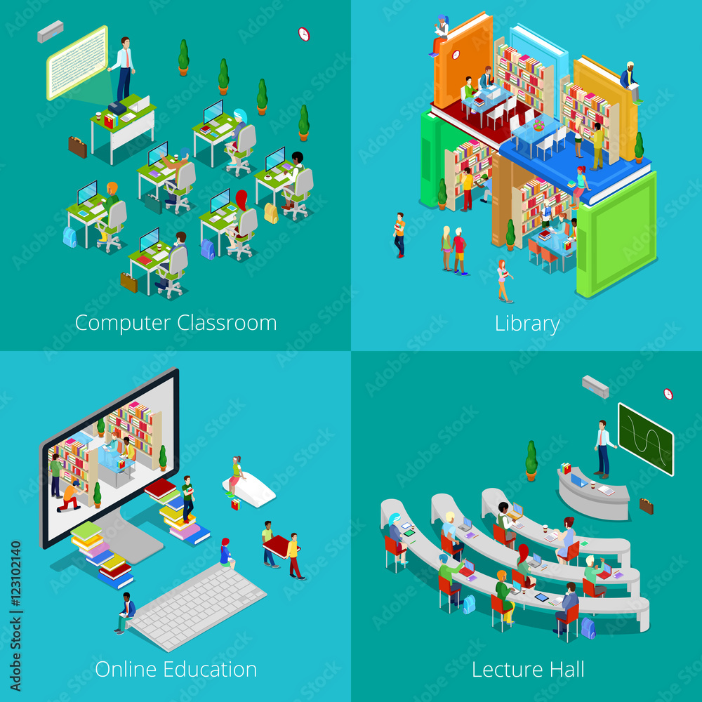 Isometric Educational Concept. University Computer Classroom, Online Education, Library with Students, College Lecture Hall. Vector 3d flat illustration