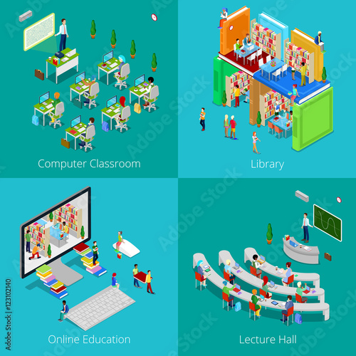 Isometric Educational Concept. University Computer Classroom, Online Education, Library with Students, College Lecture Hall. Vector 3d flat illustration