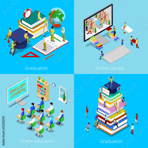 Isometric Educational Concept. Online Education, Online Library, Graduation with Cap and Students. Vector 3d flat illustration