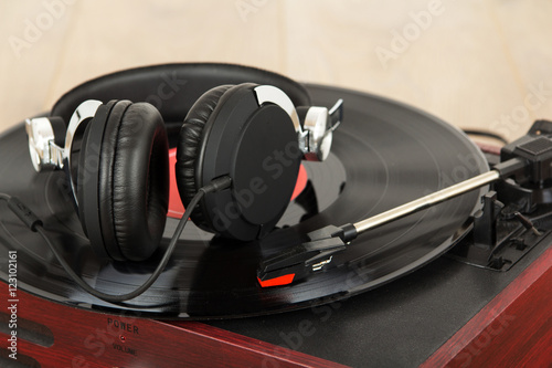 Headphones on an old retro record player