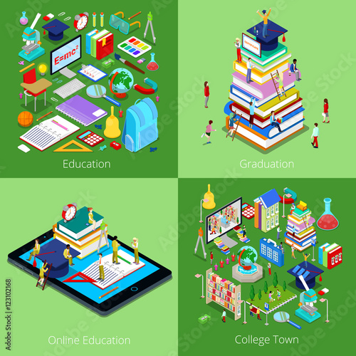 Isometric Educational Concept. Online Education, College Town, Graduation with Cap and Students. Vector 3d flat illustration