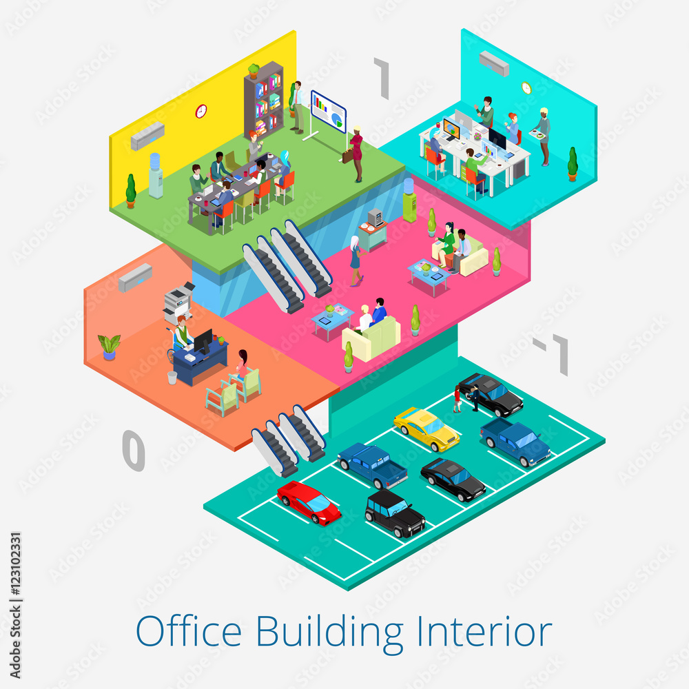 Isometric Office Center Interior. Business Meeting Room, Reception, Car Parking Floor. Vector 3d flat illustration