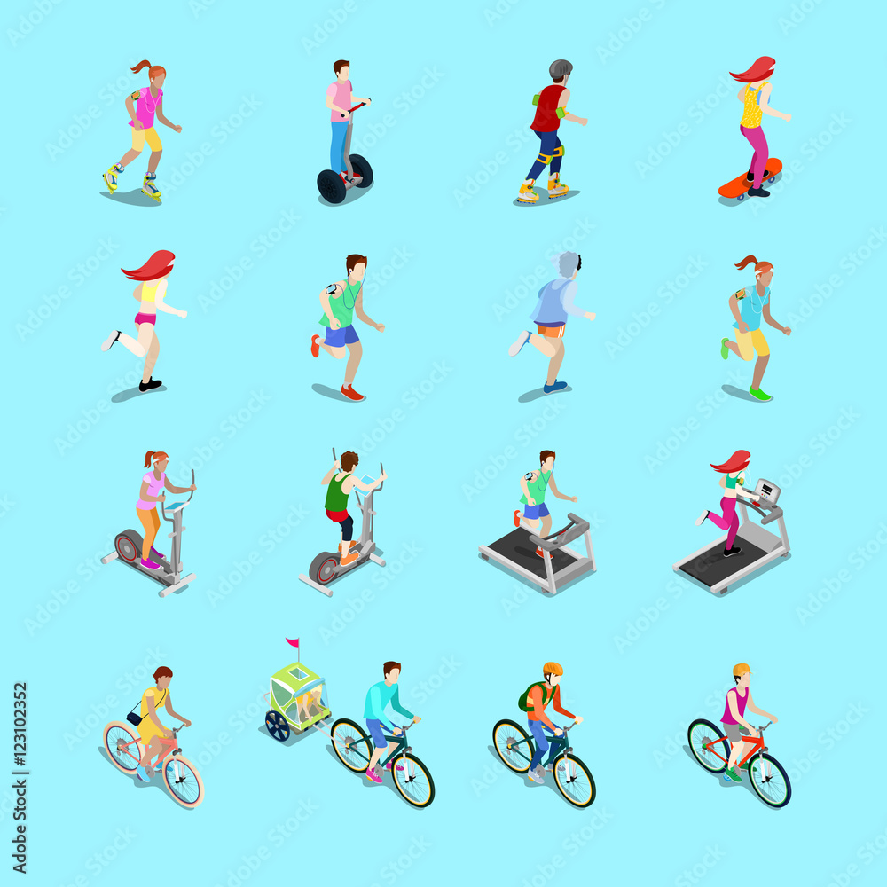 Isometric Sporting People Set. Running People, Cyclist on Bicycle, Woman Fitness, Woman on Skateboard, Man on Roller Skating. Vector 3d flat illustration