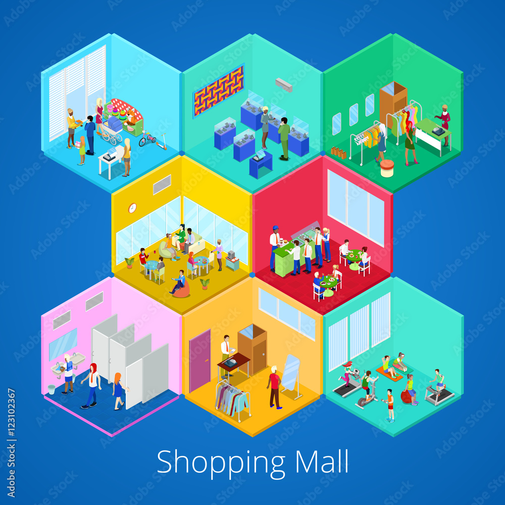 Isometric Shopping Mall Interior with Gym Fitness Club Boutique and Clothes Store. Vector illustration