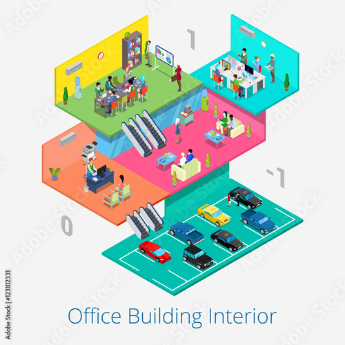 Isometric Office Center Interior. Business Meeting Room, Reception, Car Parking Floor. Vector 3d flat illustration