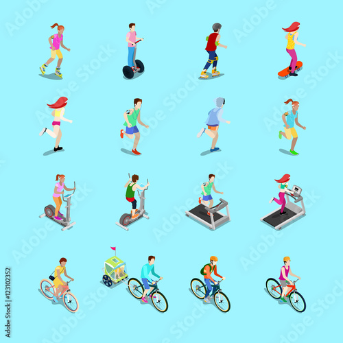 Isometric Sporting People Set. Running People, Cyclist on Bicycle, Woman Fitness, Woman on Skateboard, Man on Roller Skating. Vector 3d flat illustration