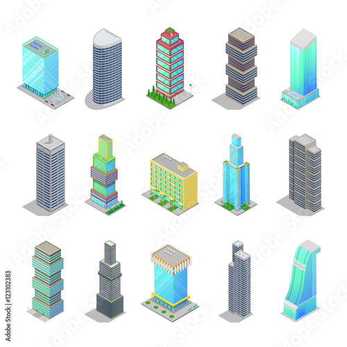 Isometric City Skyscraper Buildings. Modern Architecture Cityscape. Vector 3d flat illustration