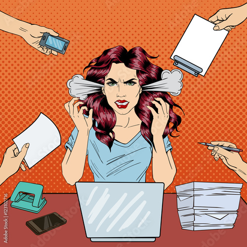 Pop Art Screaming Angry Business Woman with Laptop at Office Work. Vector illustration