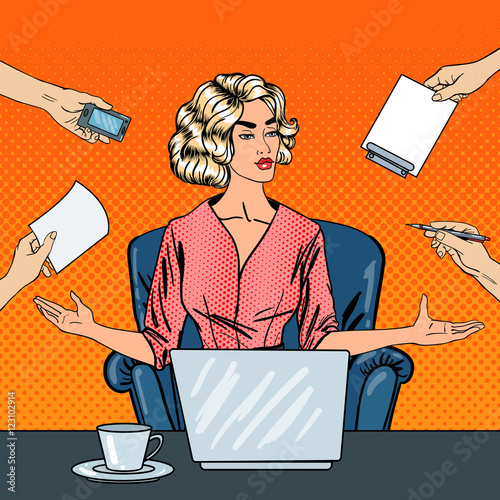 Pop Art Stressed Business Woman with Laptop at Multi Tasking Office Work. Vector illustration