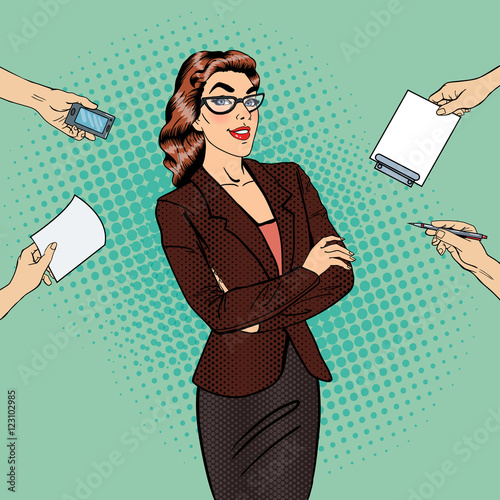 Pop Art Confident Business Woman at Multi Tasking Office Work. Vector illustration