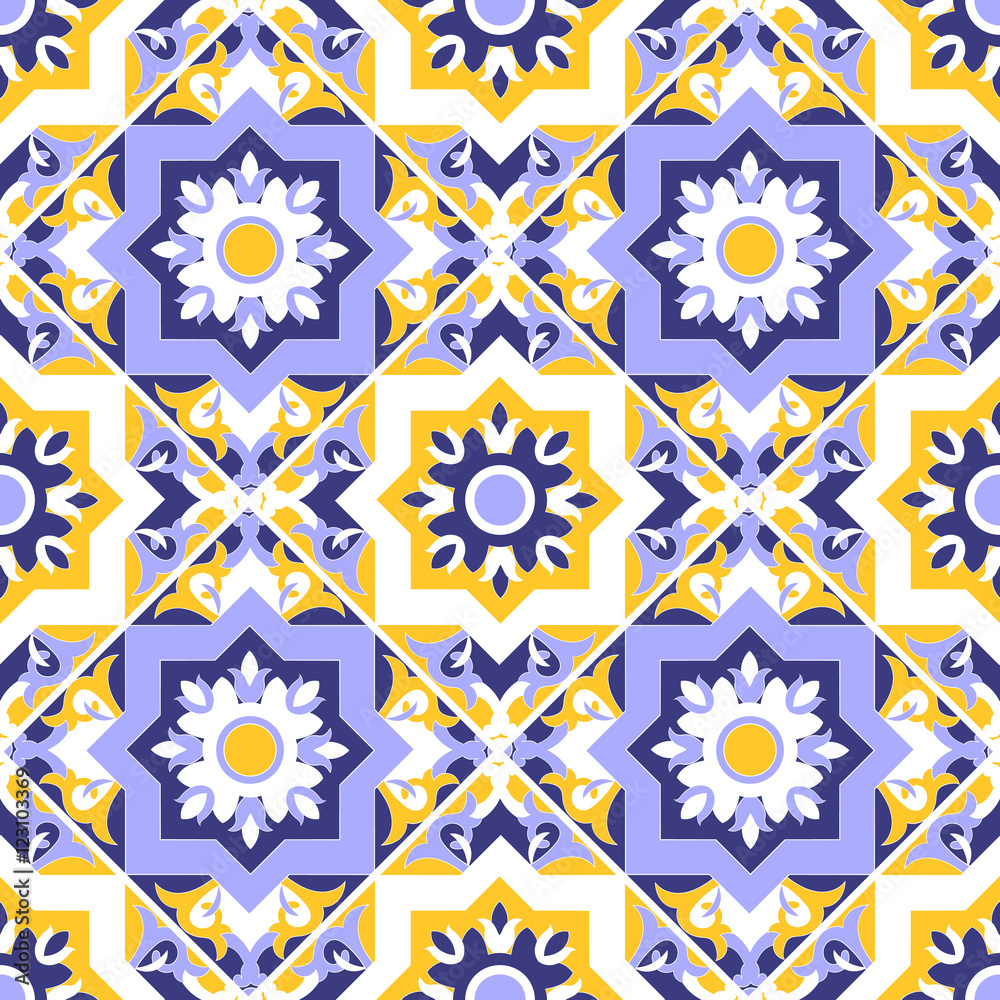 Floral tile pattern vector seamless. Colorful blue, white and yellow ...