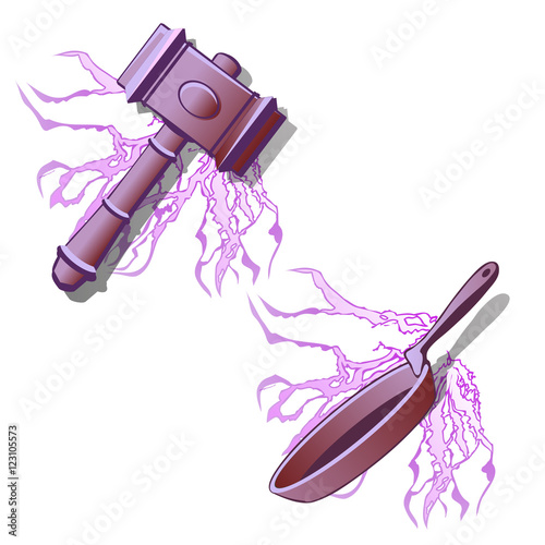 Heavy hammer and frying pan in purple color