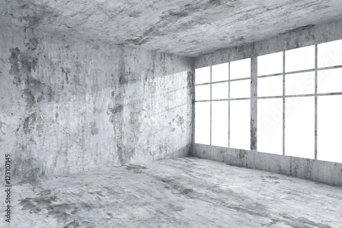 Empty concrete room corner with windows, abstract interior