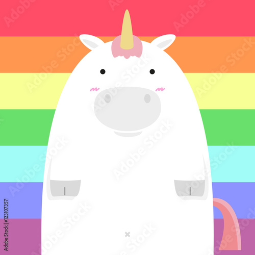cute fat big unicorn horse on rainbow background