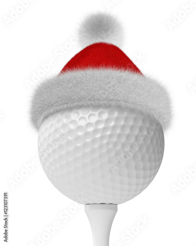 white golf-ball on tee in Santa red hat
