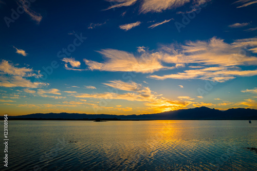 Sunset scene twilight on the lake with blue sky and clounds