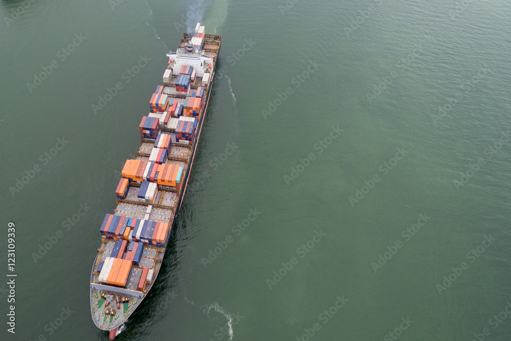 aerial view of a container ship.