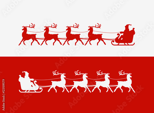 Merry Christmas greeting card. Santa Claus rides in a sleigh pulled by reindeer. Vector illustration