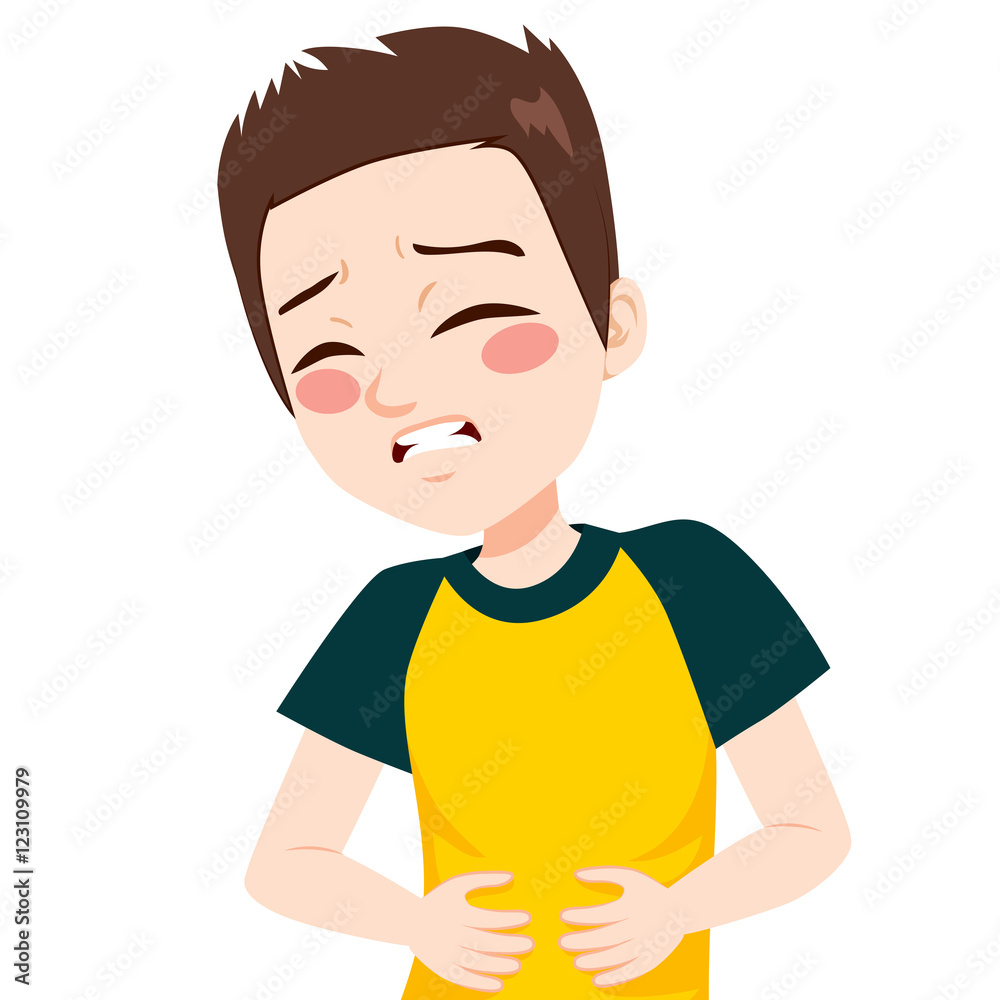 Little boy kid touching his belly having terrible stomachache pain