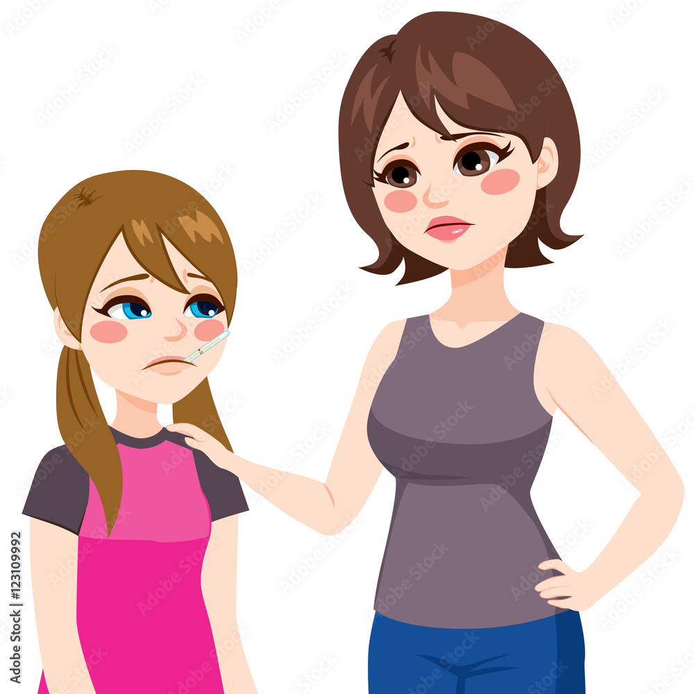 Daughter using thermometer in mouth and worried mother measuring temperature Daughter using thermometer in mouth and worried mother measuring temperature