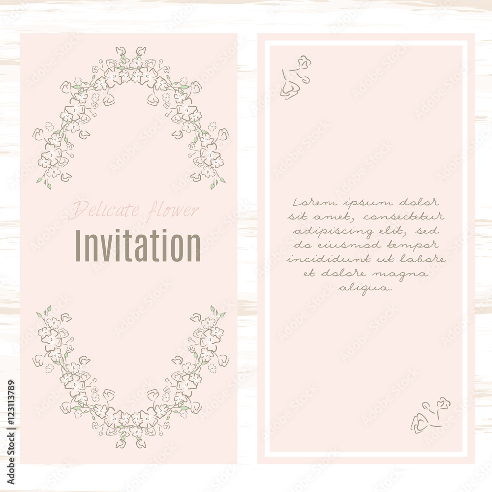 greeting card template floral background. Design stationery set in vector format. Wedding card or invitation, shabby chic